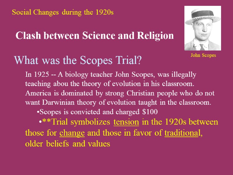 Social Changes during the 1920s Clash between Science and Religion What was the Scopes